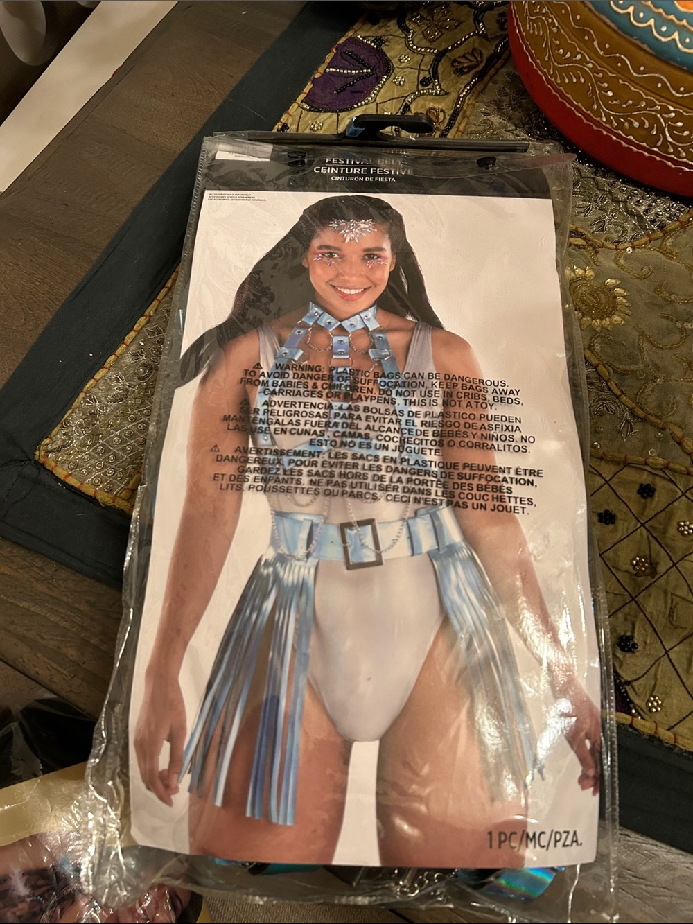 Shiny Light Blue Metallic Fringe  adult Costume. L. XL
